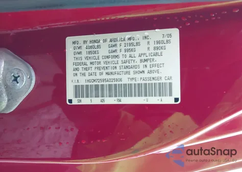 2005 Honda Accord 2.4 Lx Special Edition из США, поврежденный, VIN 1HGCM72595A025906